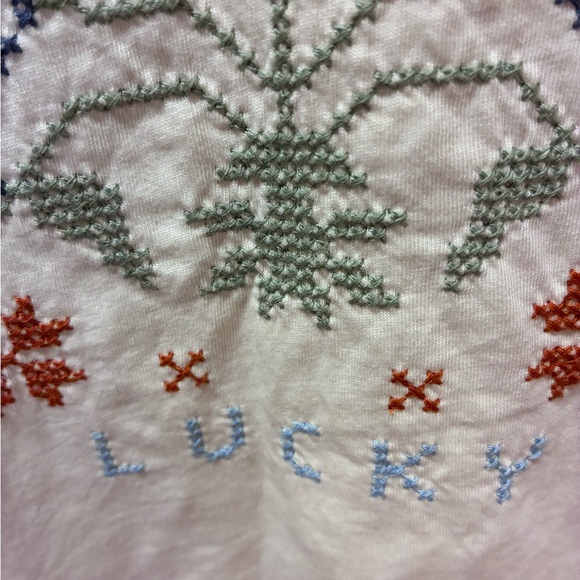 Lucky Brand Cream Tee with Red Floral & Blue Bird Embroidery - Picture 4 of 7